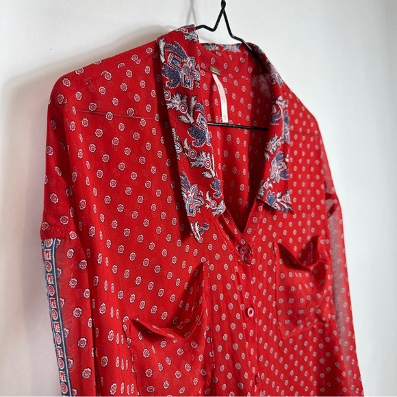 Free People FP Easy Rider Anthropologie Red Paisley Bandana Sheer Blouse Top - Picture 5 of 12